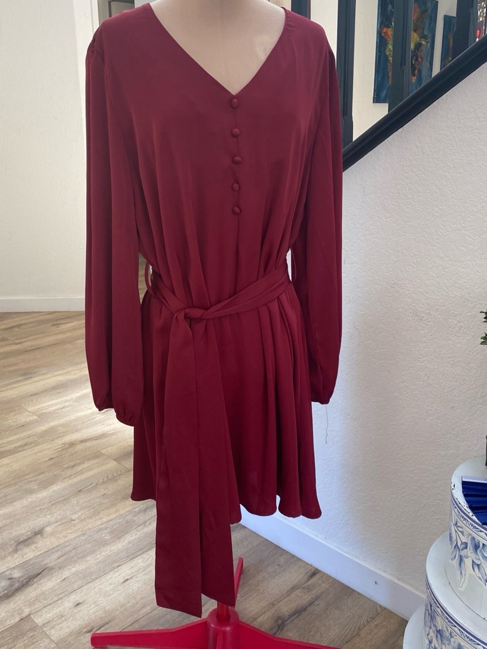 V-Neck Long-Sleeve Tie-Waist Burgundy Dress